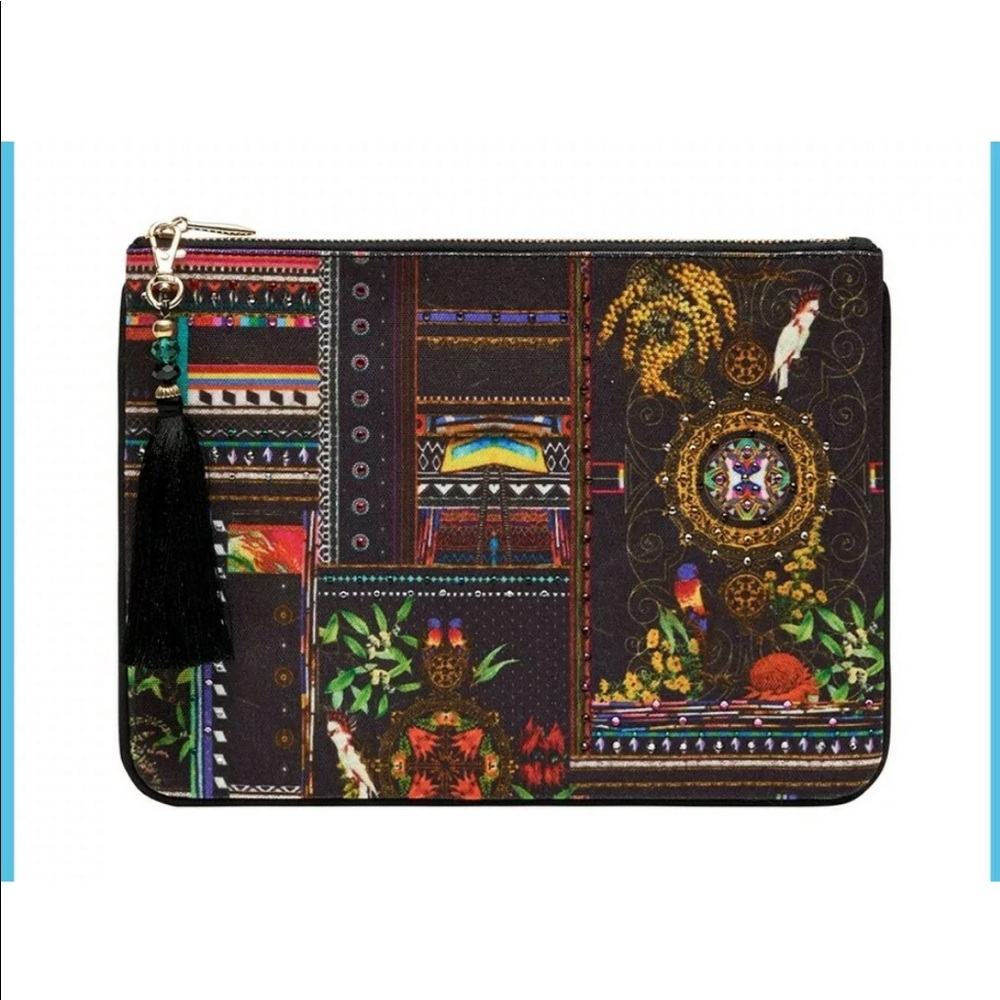 CAMILLA “Blackheath Betty” black tribal print small canvas boho clutch bag pouch